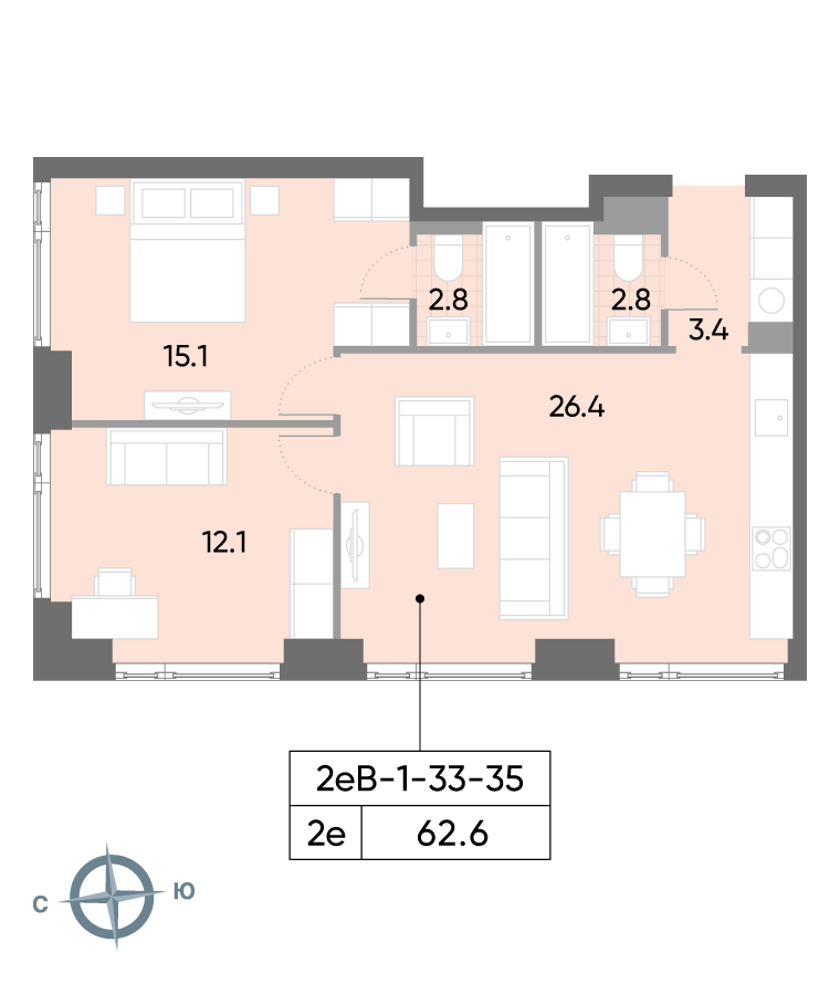 2-комнатная 62.6 м2 в ЖК WAVE корпус null этаж 35